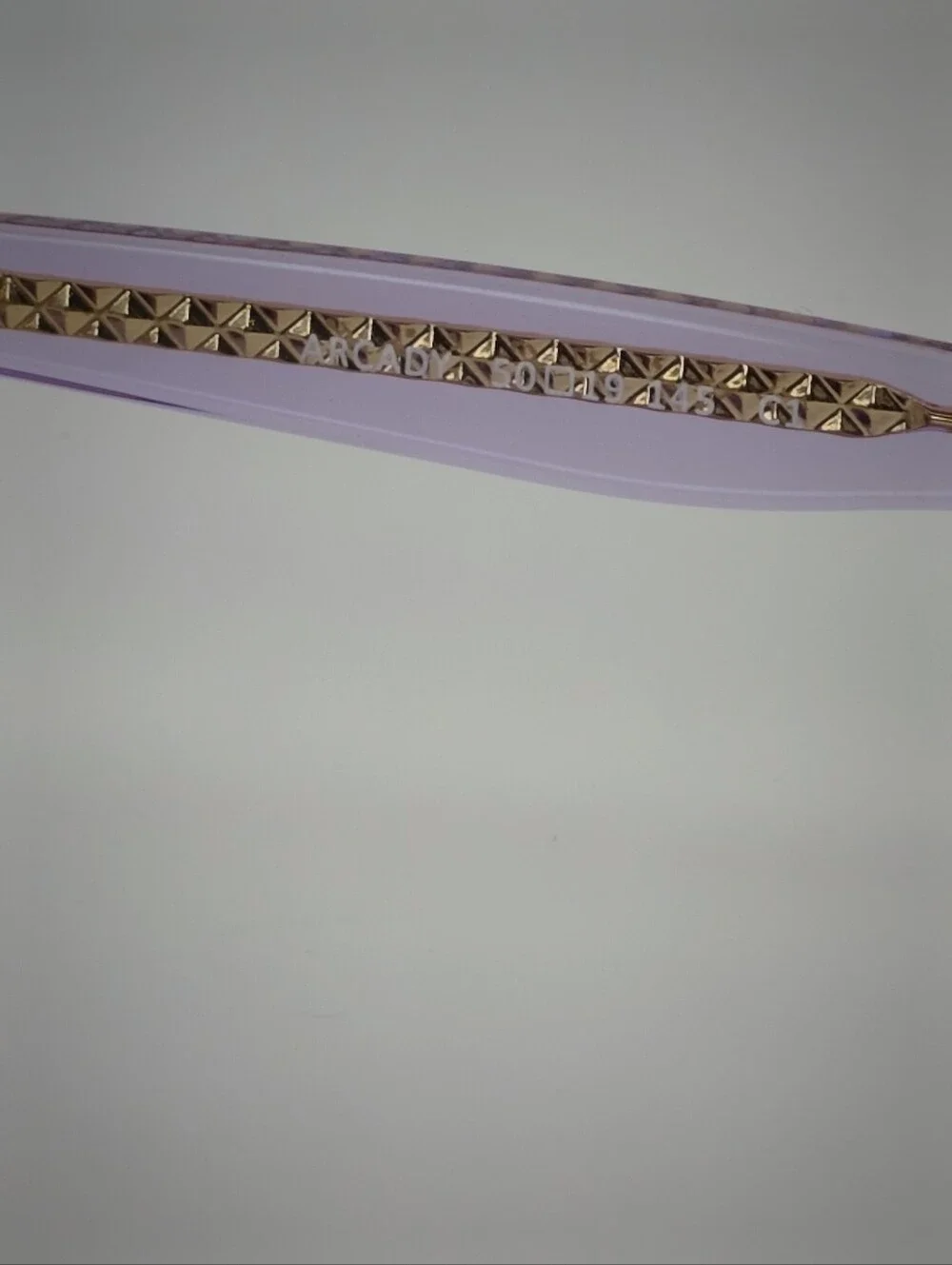 Arcady. Women's Fashion Eyeglasses - Light Lavender Frame Gold Inserts.